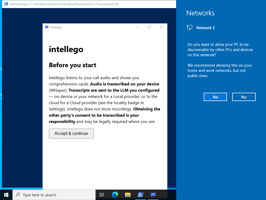 intellego consent screen: 'Before you start' privacy copy and an Accept & continue button