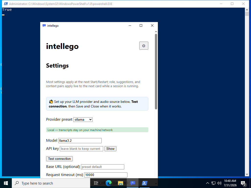 intellego Settings on first run: onboarding banner, provider preset, Local locality badge, Test connection button
